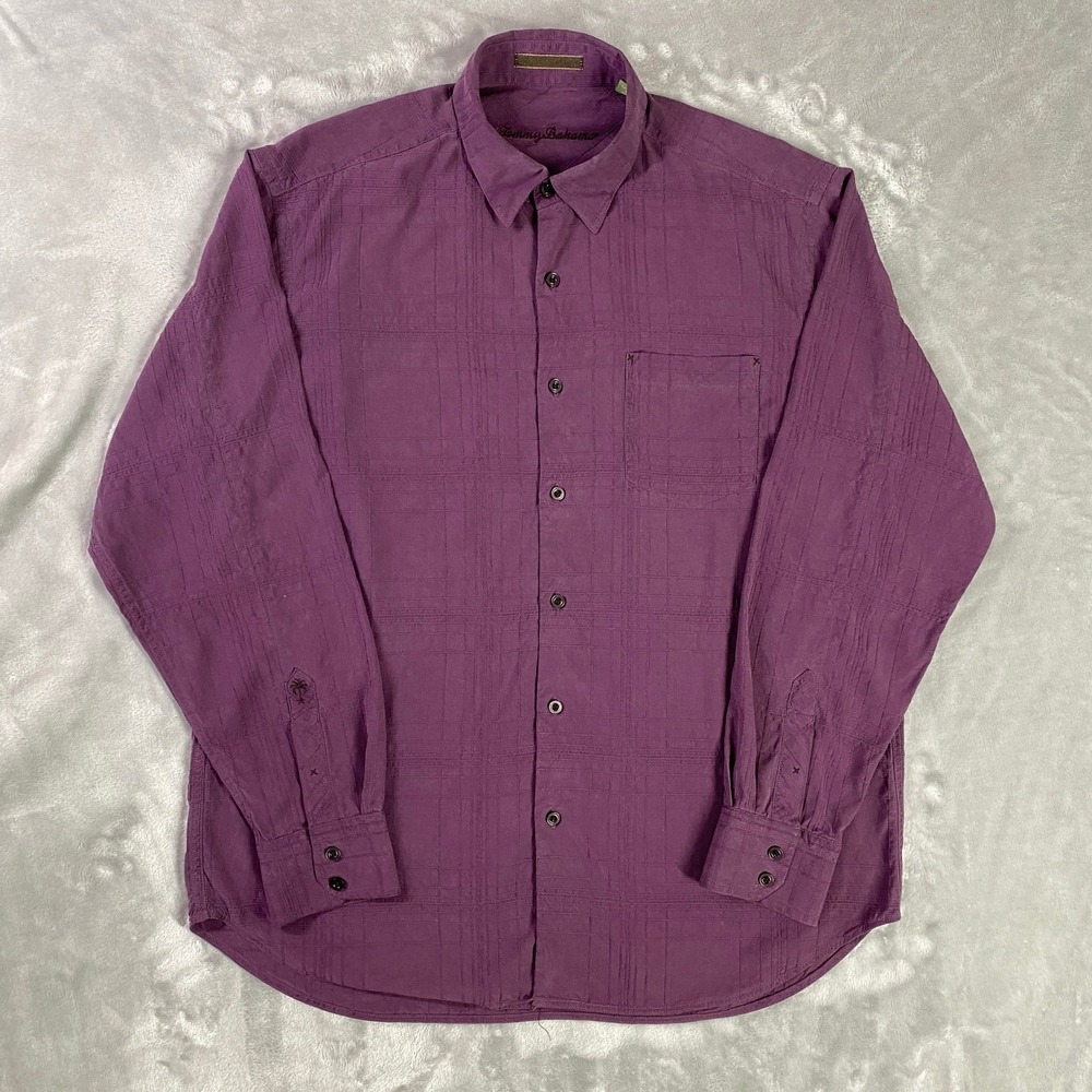 Tommy Bahama Button Down Mens Large Purple 100% Silk Textured Grid Long Sleeve